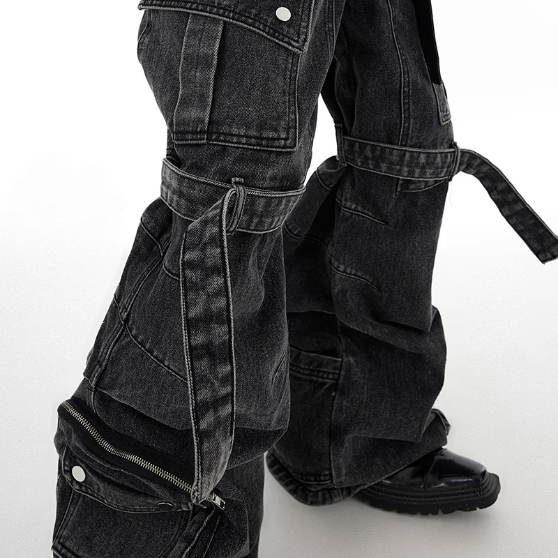 IEFB Mens's Baggy Jeans Washed Multi Pocket new Jean Overalls Strap Design 2025 Wide Leg Workwear Denim Pants 2023 New Darkwear 24X1350