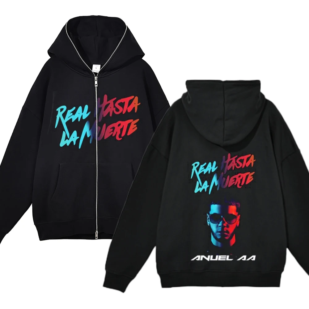 Hip Hop Streetwear Hoodie Anuel AA Real Hasta La Muerte Print Full Zipper Hoodies Punk Rapper Loose Sweatshirts Y2K Cardigan