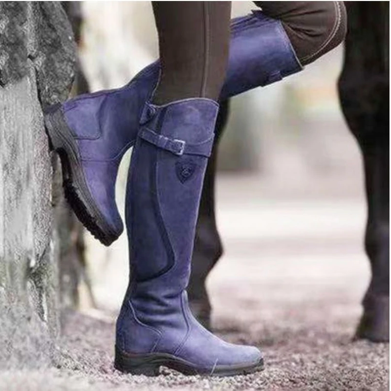 Women Autumn Winter Knee High Female Pleated Buckle Leather Zipper Flat Long Boots Plus Size 35-43 Botas De Mujer c1db