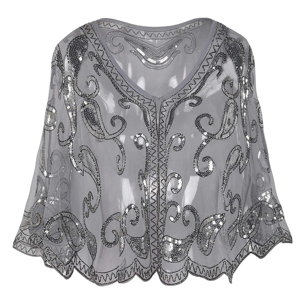 Women's 1920s Shawl Beaded Sequin Decor Lady Evening Cape Bolero Flapper Cover up Blouse Banquet Stage Formal Shawl Accessories