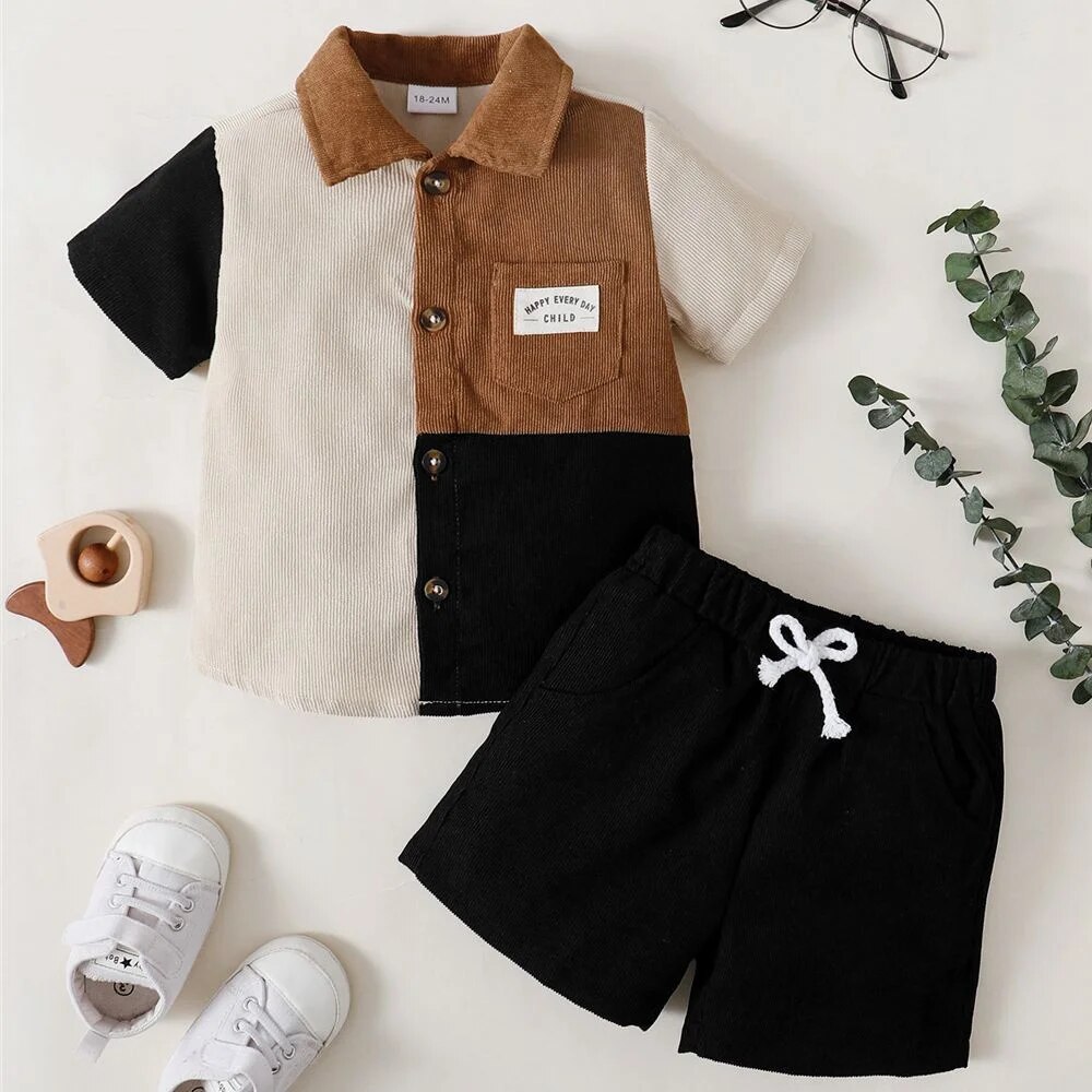 1-6 Boy Years Kids 2PCS Suit Color Blocking Shirt+Solid Color Shorts Handsome All Match Wear Summer Daily Clothes for Boy Shirt+Solid smile Shirt+Soli