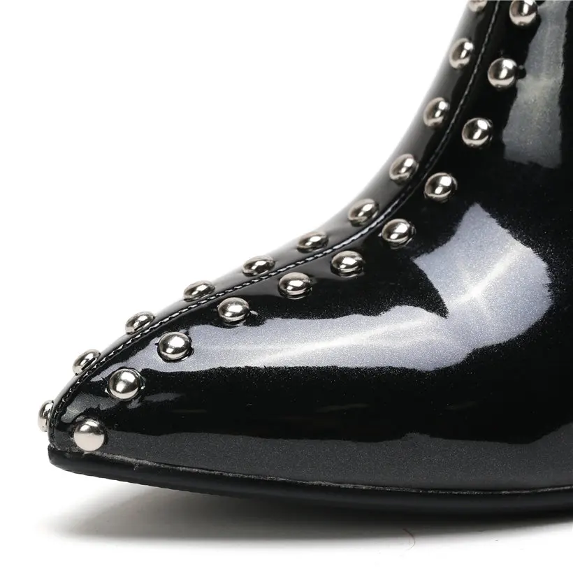 Winter Rivet Women Ankle Boots High Block Heels Pointed Toe Black Studded Patent Leather Plush Casual Ladies Zipper Short Boots