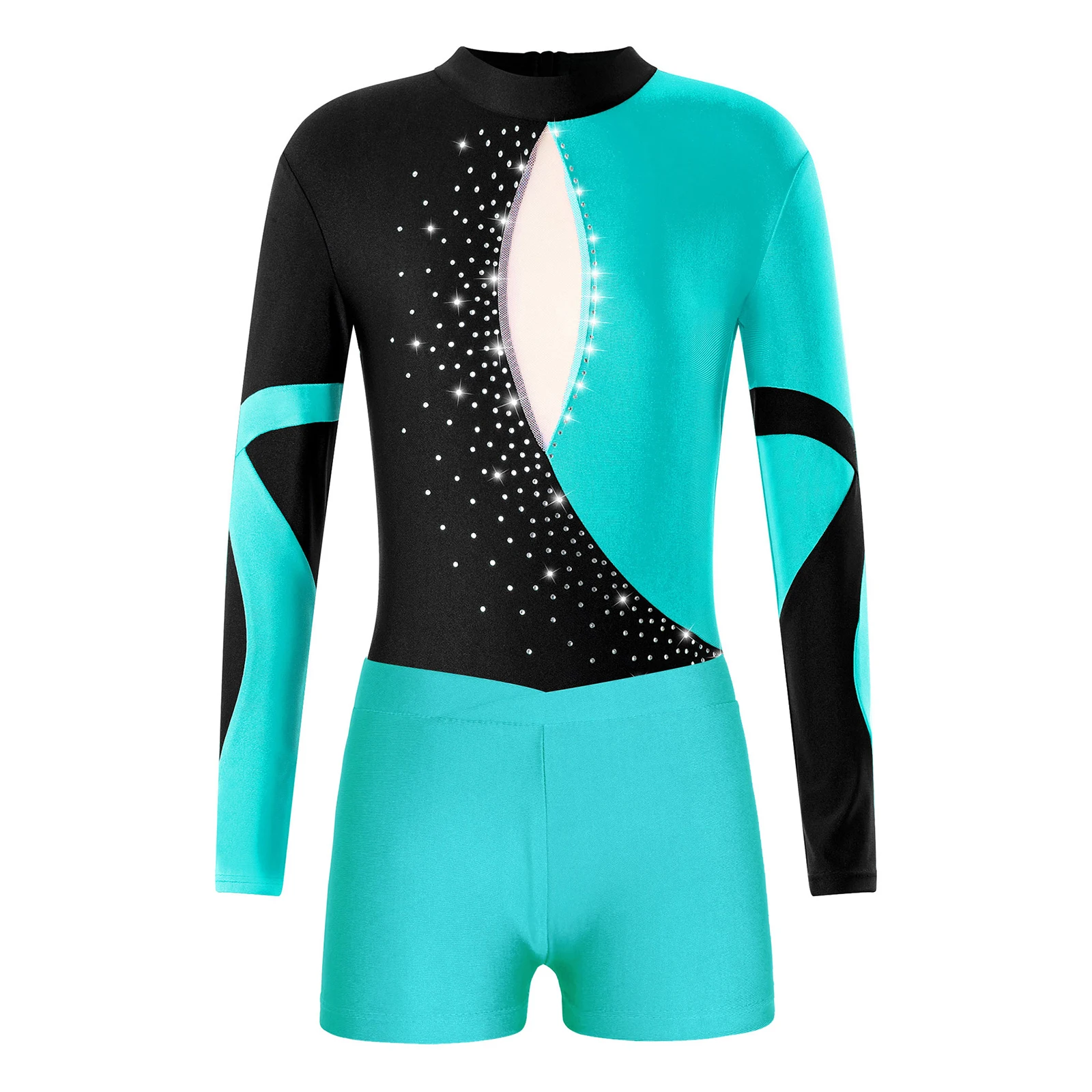 Kids Girls Ballet Dance Set Long Sleeve Rhinestones Open Back Gymnastic Figure Ice new Skating Mesh 2025 Leotard Jumpsuit and Shorts