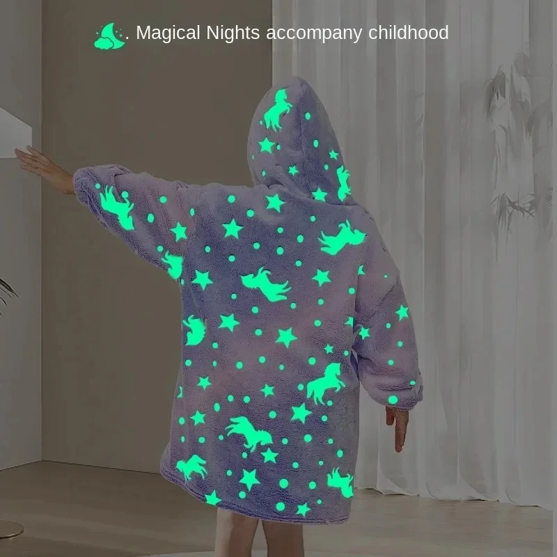 High 2025 Quality Spaceship Dinosaur Unicorn Luminous Flannel Hooded Bathrobe Children's new Lazy Clothes Luminous Blanket Home Clothing