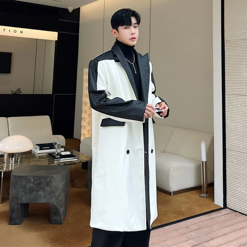 IEFB Korean Style Long Windbreaker Men's Autumn Winter Trend Niche Design Black White Contrast Color Leather Trench Coat 9C3158