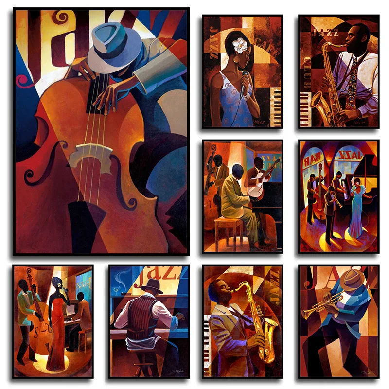 Abstract Jazz Musician Saxophone Trumpeter Singer Vintage Poster Canvas Painting Wall Art Pictures Home Cafe Bar Interior Decor