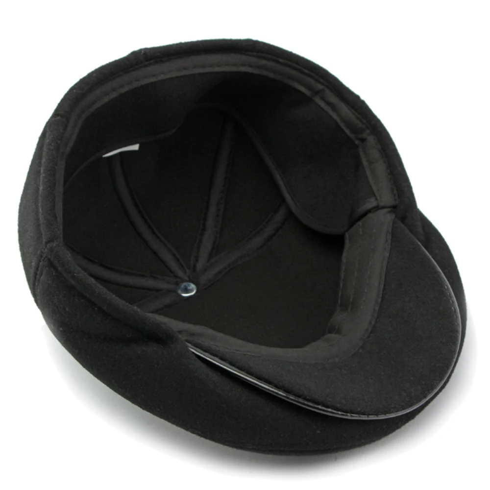 HT4287 Thick Warm Winter Caps for Men Solid Black Grey Ivy Newsboy Flat Cap Male 5 Panels Beret Hat with Ear Flaps Beret Caps