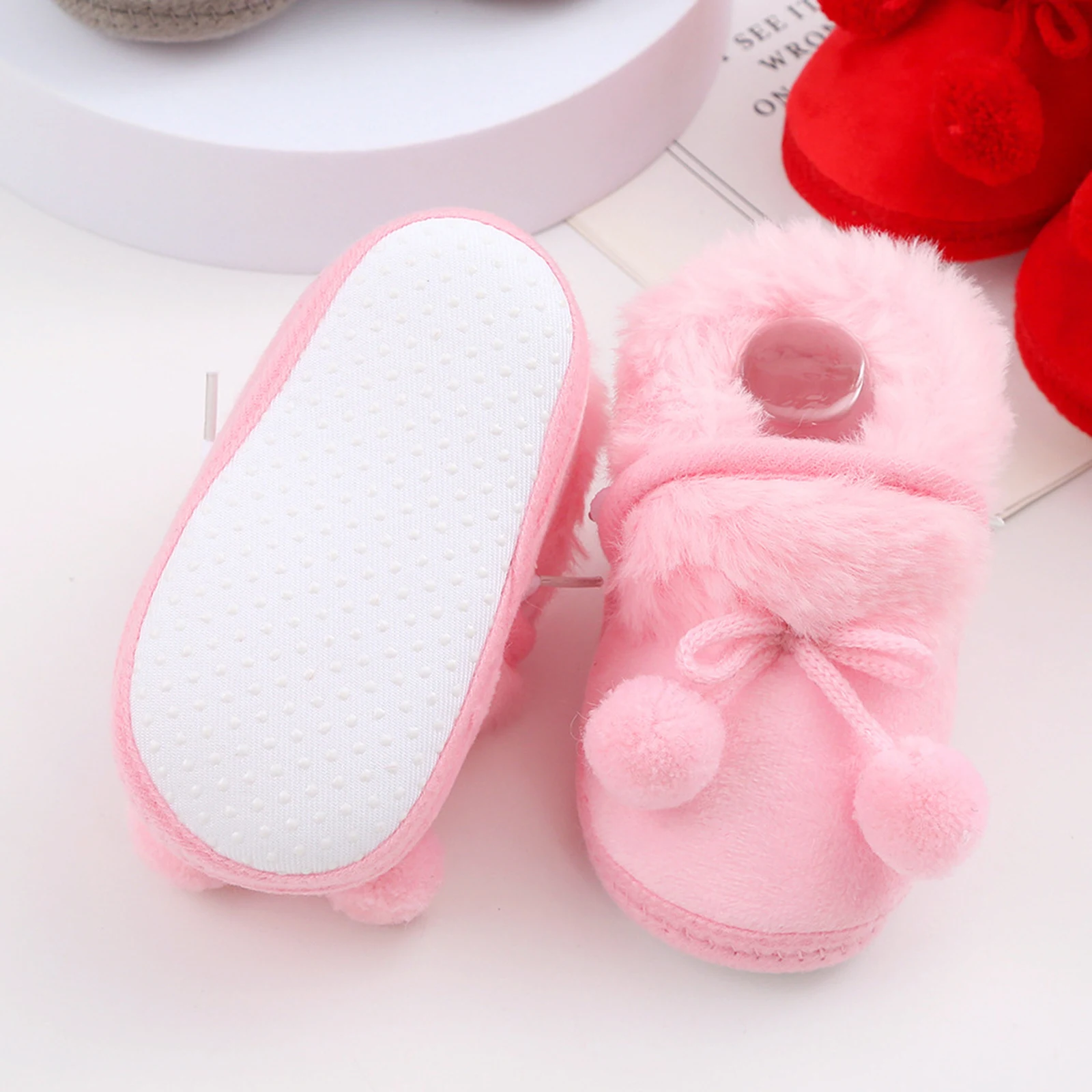 Winter Infant Baby Girls Snow Boots Warm Plush Bobble Decorated First Walker Fluff Balls Thicken Boots Shoes 0-12 Months