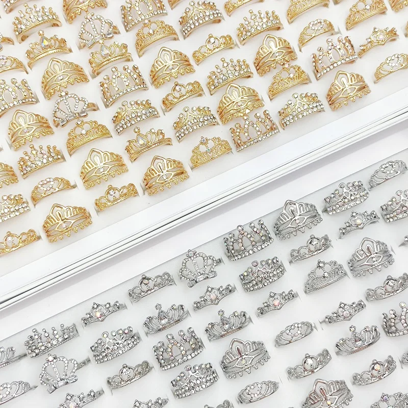 20/30/50Pcs/Lot Trendy Rhinestone Crown Rings for Women Wholesale Mixed Golden Silvery Color Charm Crystal Jewelry Party Gift