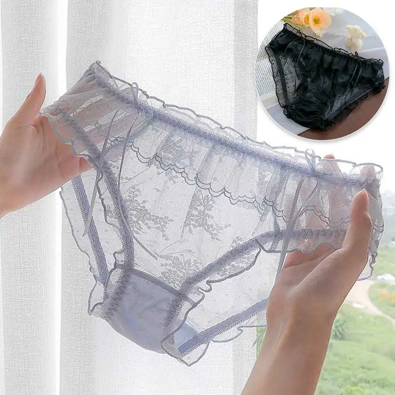 Japan Sexy Full Lace Large Women S Underwear Girls Sweet Pleated Middle Waist Fast Drying Mesh Transparent Bow