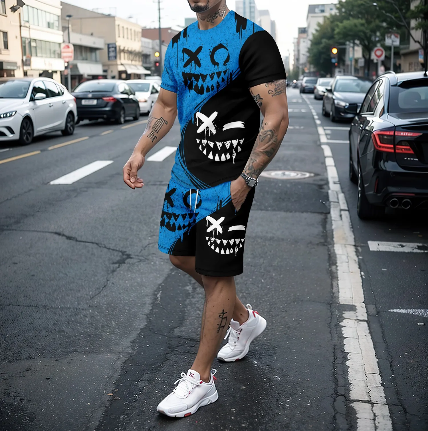 Summer round neck short sleeved T-shirt and shorts set men's 2-piece set 3D funny smiling face pattern casual street sportswear