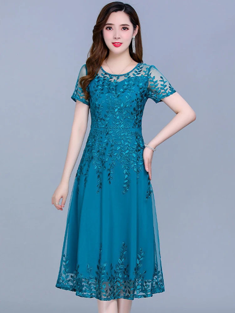 Blue Casual Chiffon Mesh Korean Long Dress Summer Women 2023 Tunics Midi Fashion Elegant Prom Evening Dresses Short Sleeve 240315