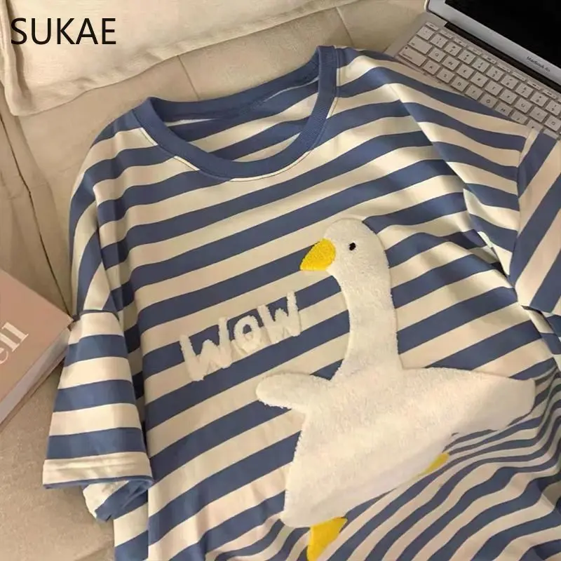 Korean Big White Swan Embroidery Sleepshirt for 2025 Women Summer Short Sleeve Long Nightgowns Mid-Calf Gowns Blue new Strip Nightdress