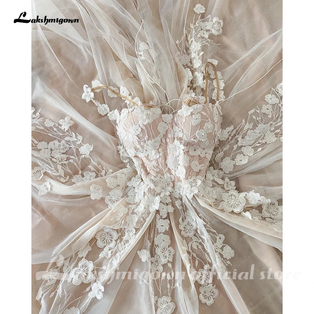 Lakshmigown Light Champagne Wedding Dresses 3D Flowers Spathetti Straps A Line Wedding Gown Beach Sweetheart Wedding Gowns