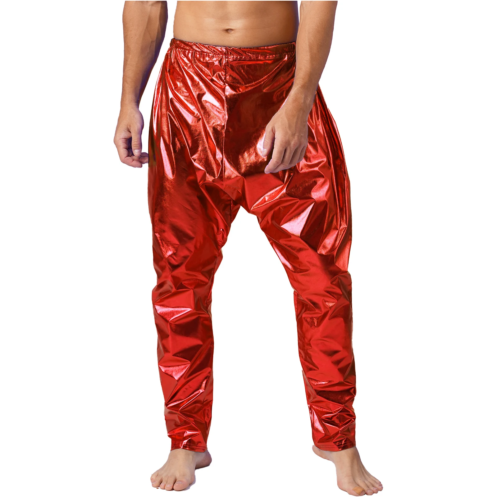 Mens Stylish Metallic Shiny Long Pants Elastic Waistband Solid Color Lightweight Harem Pants Leggings Stage Performance Costume