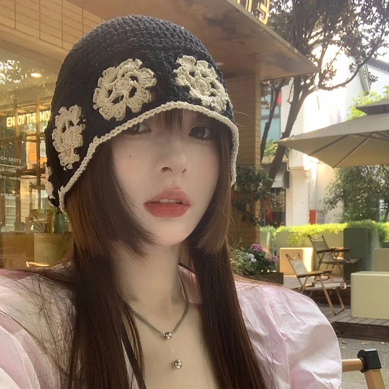 Korean Niche Designer Hand-knitted Bucket Hat Spring and Summer Hollow Woven Flower Basin Cap Show Small Face Retro Women's Hats