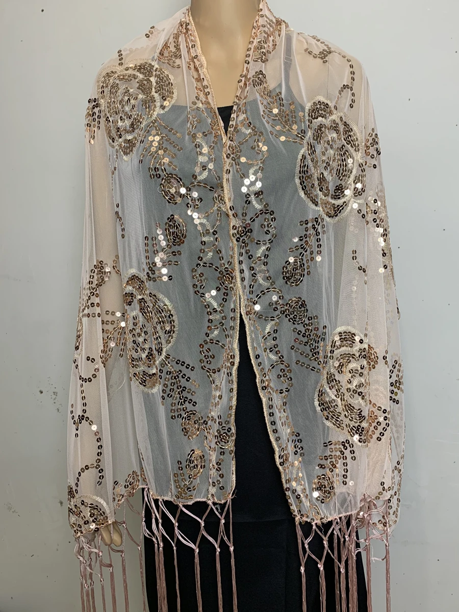 Glitter Sequins Shawls and Wraps for Evening Dresses Women's Mesh Wedding Cape Bridal Bridesmaid Shrugs Fringed Party Shawl