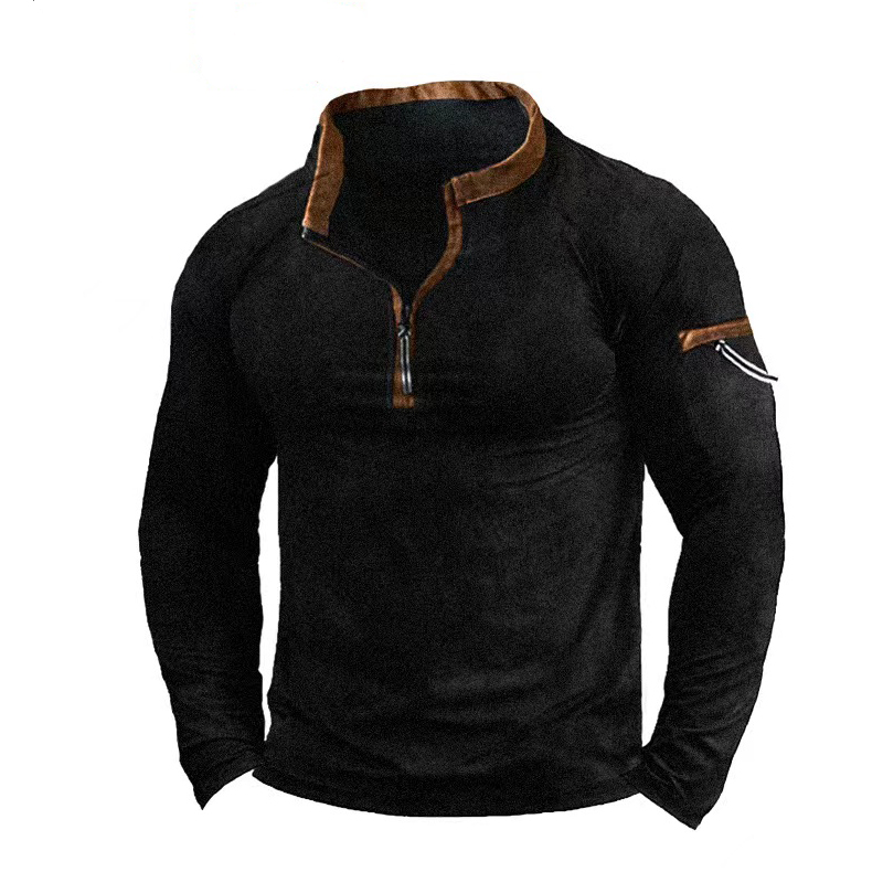 Men's Zipper Stand Neck Sweatshirt Brushed Fleece Thermal Vintage Tees Tops Pullover Training Men Long Sleeves Clothing