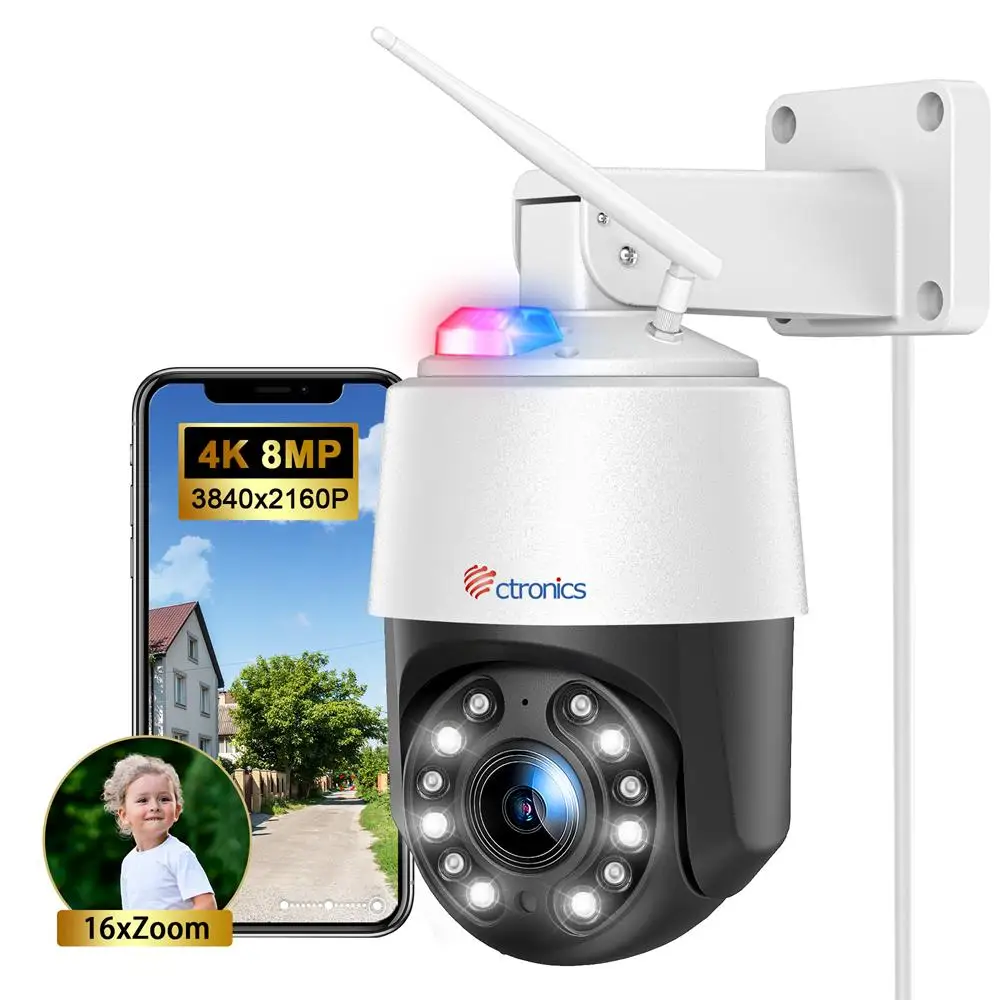 Ctronics 4K 8MP 16X Optical Zoom IP Camera 5G WiFi PTZ 360 Outdoor AI Auto Tracking Auto Zoom CCTV Color Night Vision