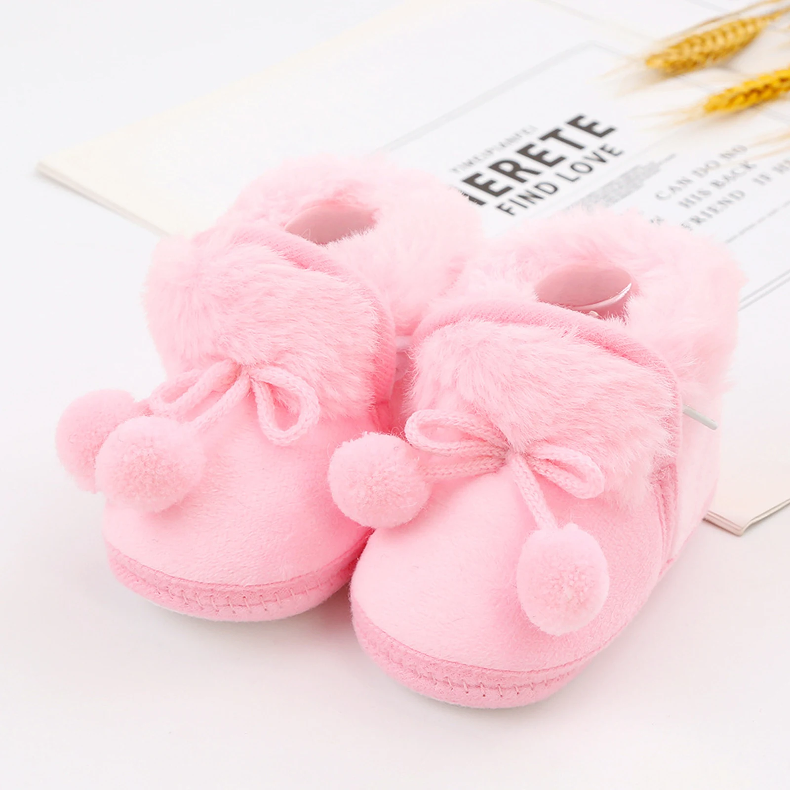 Winter Infant Baby Girls Snow Boots Warm Plush Bobble Decorated First Walker Fluff Balls Thicken Boots Shoes 0-12 Months