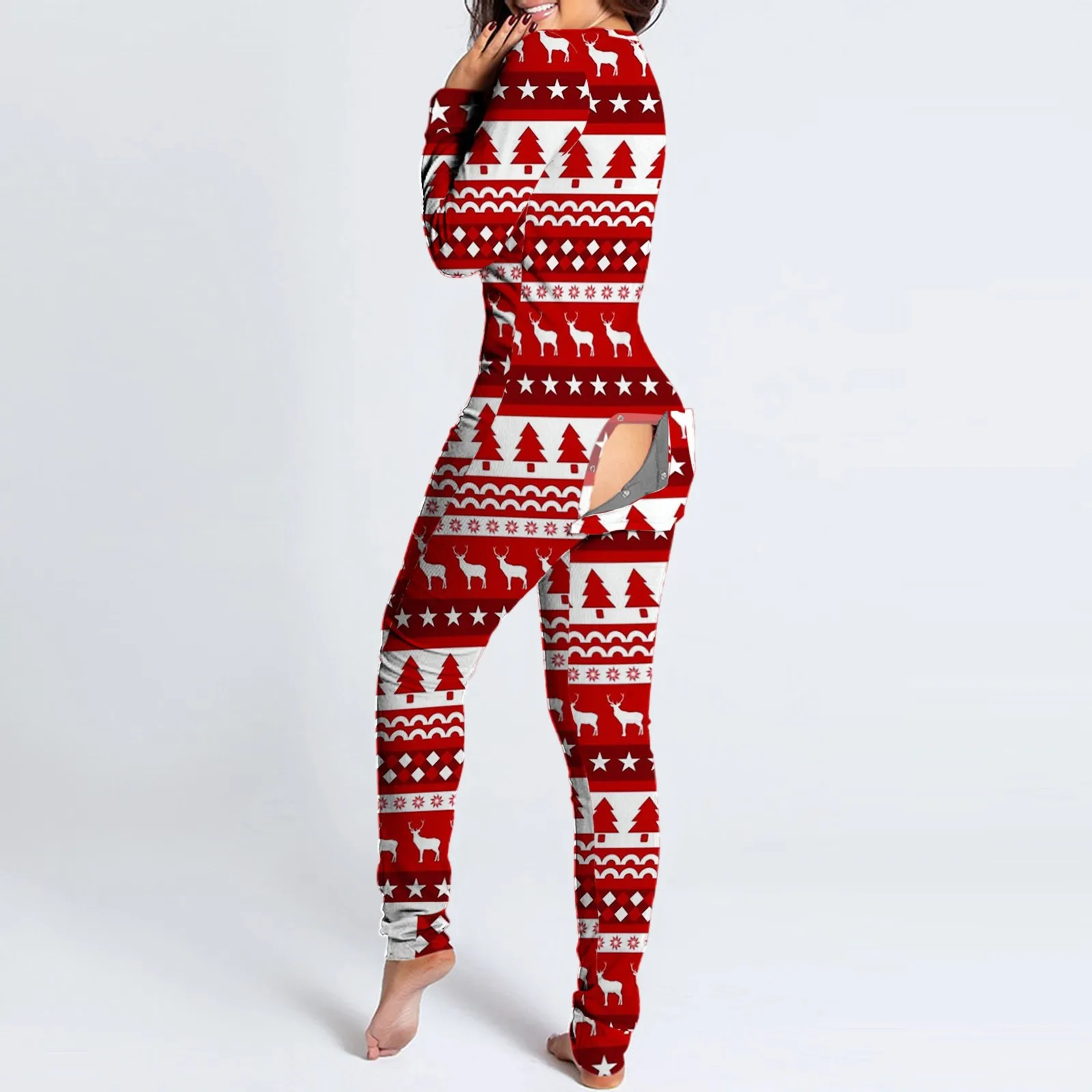 2021 Christmas Women Onesies Sexy Open Crotch Sleepwear With Butt Flap Winter Xmas Printed Female Pijamas Pijama Feminino Z40