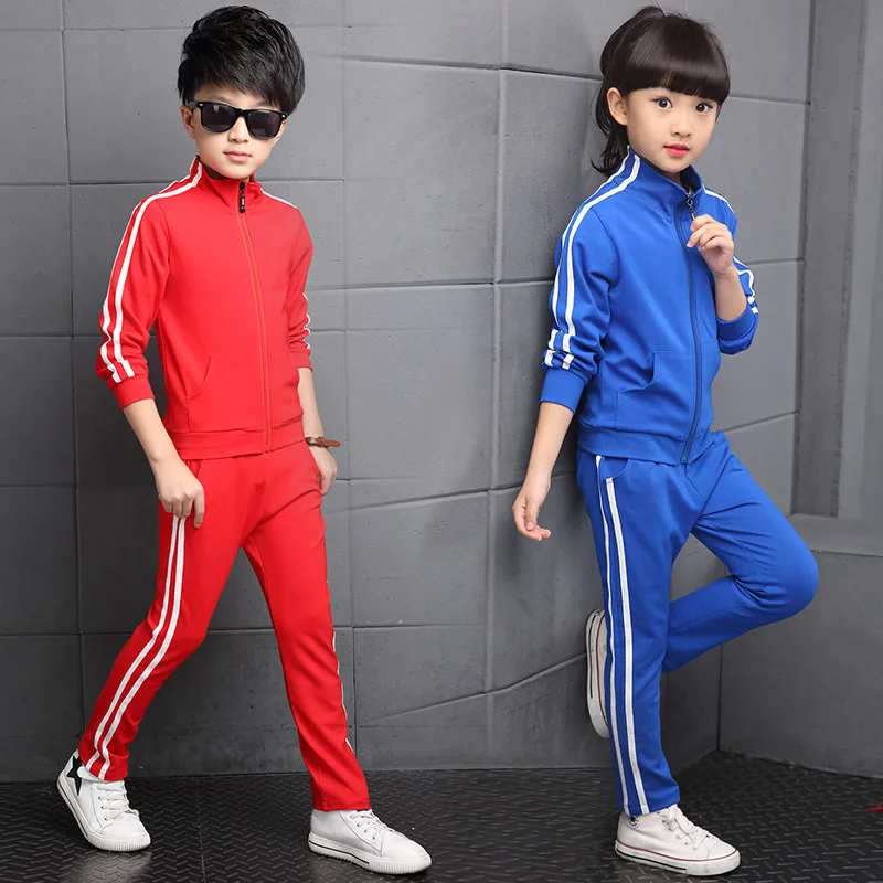 2022 girls Boys Clothes Children solid Color Sports Suit Teenager tracksuit strip jacket + sports pants 6 10 11 12 14 15 years