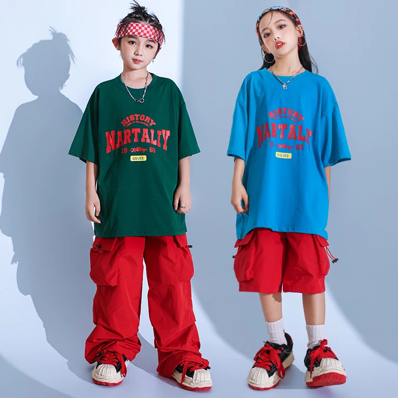 Boys Hip Hop Pants Outfits Red Vest Cargo Pants Girls Streetwear Children Joggers Street Dance Kids Jazz Costumes Clothes Sets