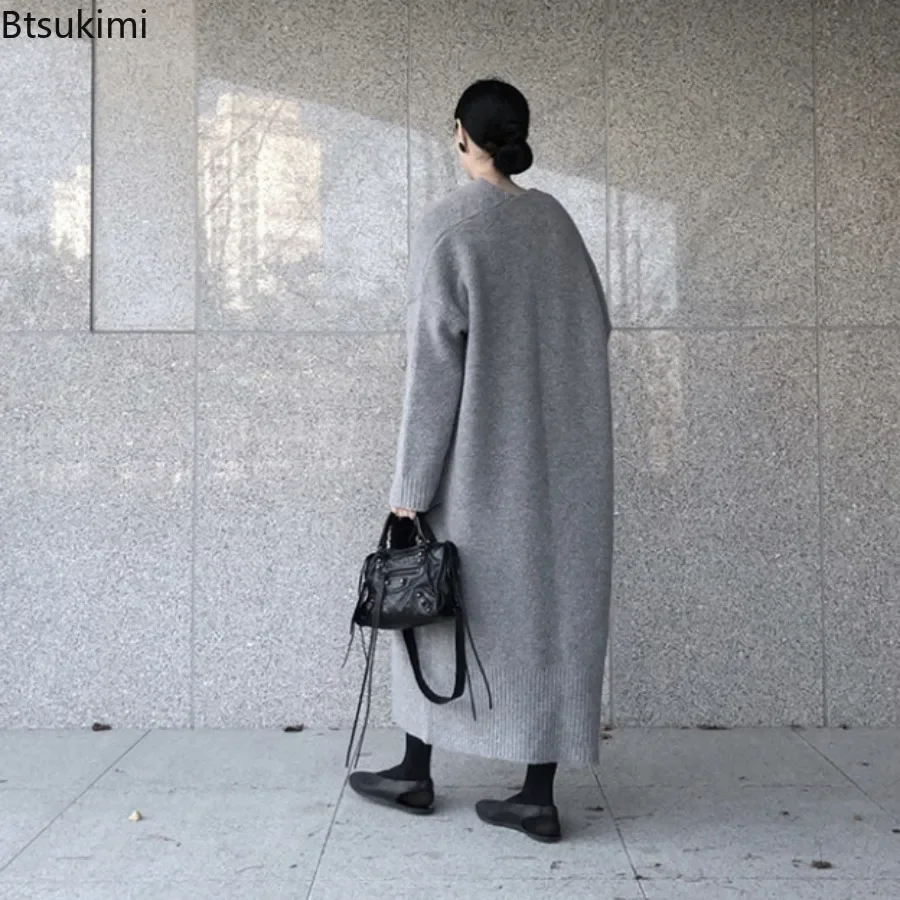 2024 Women's Thick Warm Long Sweater Coat Carfigans Solid Loose Knitted Cardigan Jacket Female Korean Versatile Sweaters Female