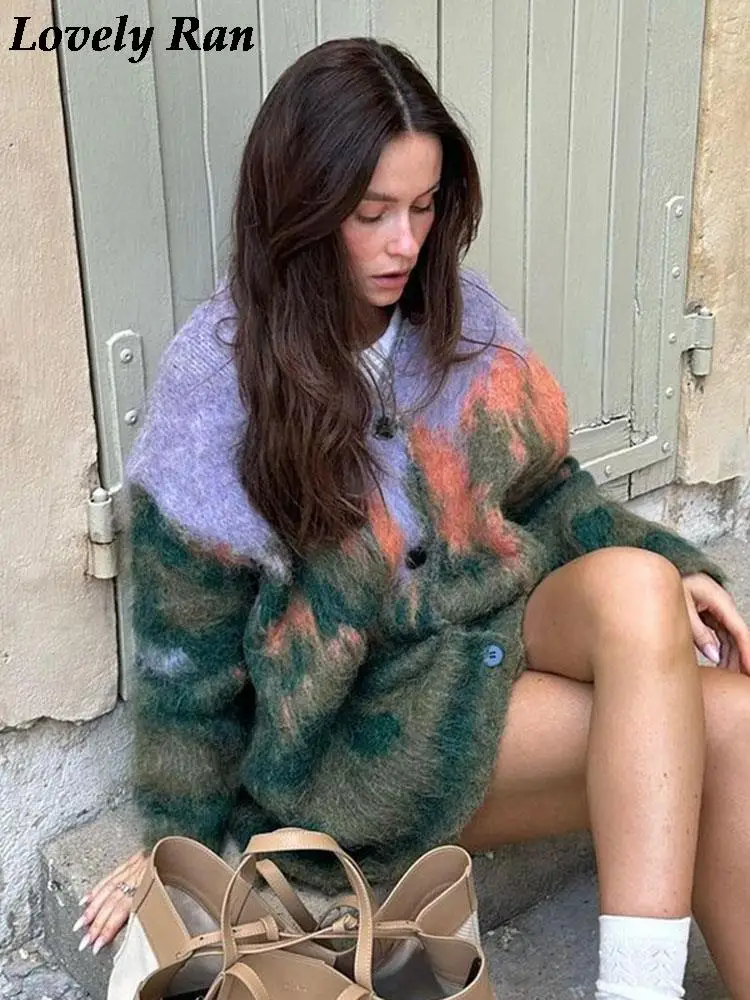 Vintage Contrast Color Mohair Cardigan for Women Oversized V Neck Single Breasted Wool Pullover Winter lady Long Sleeve Sweater