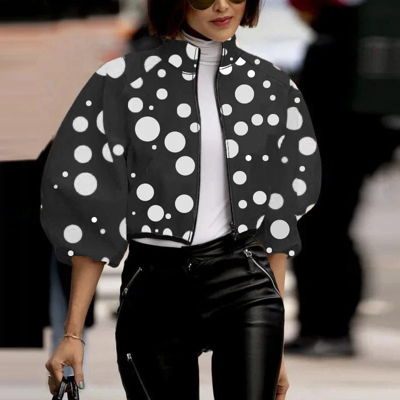 Trendy Street Elegant Flower Print Women Jacket Autumn Zipper Turtleneck Top Cardigan Winter Lantern Long Sleeve Coat Outerwears