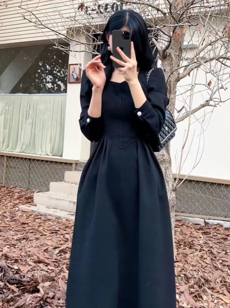 Vintage Black Midi Dresses for Women 2023 Spring Autumn Square Neck Long Sleeve Elegant Party Red Female Clothing Korean Fashion