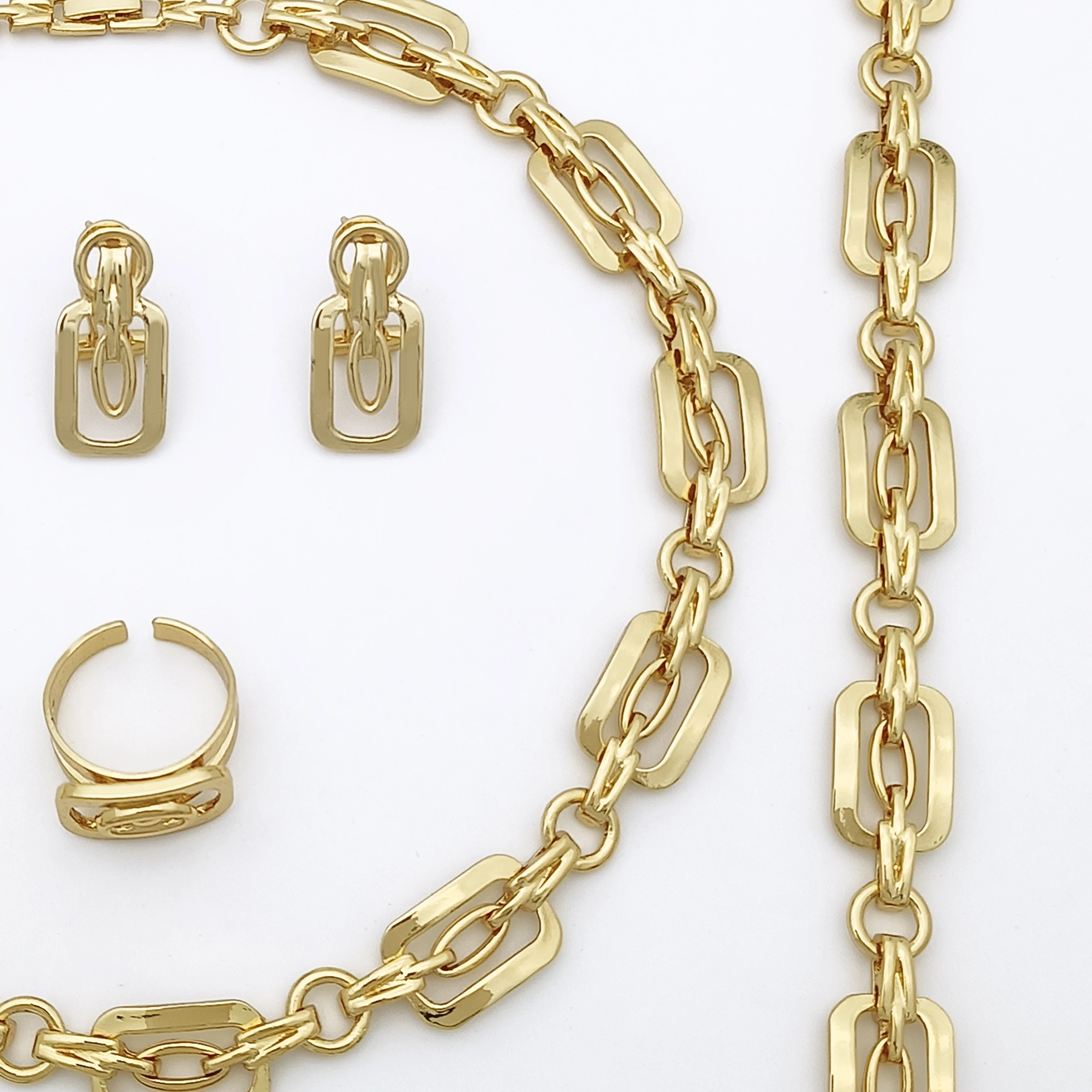 Dubai Jewelry Set For Woman 18k Gold Plated Necklace Jewelry Square Shape Chain Necklace Earring Ring Gift Daily Wear
