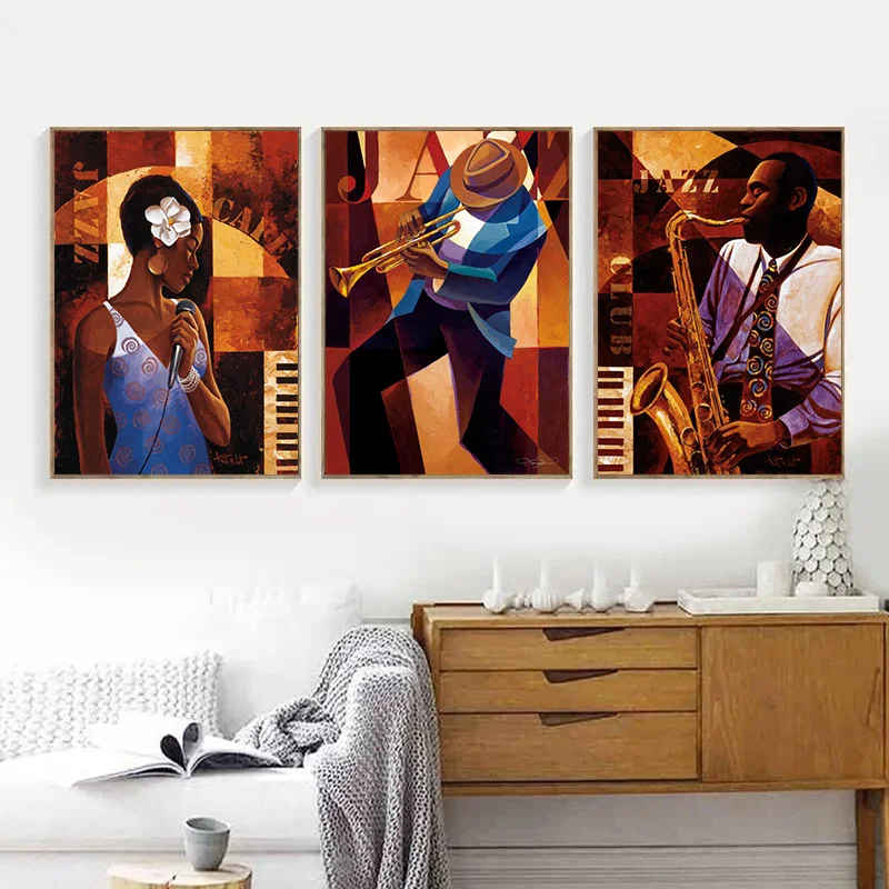 Abstract Jazz Musician Saxophone Trumpeter Singer Vintage Poster Canvas Painting Wall Art Pictures Home Cafe Bar Interior Decor