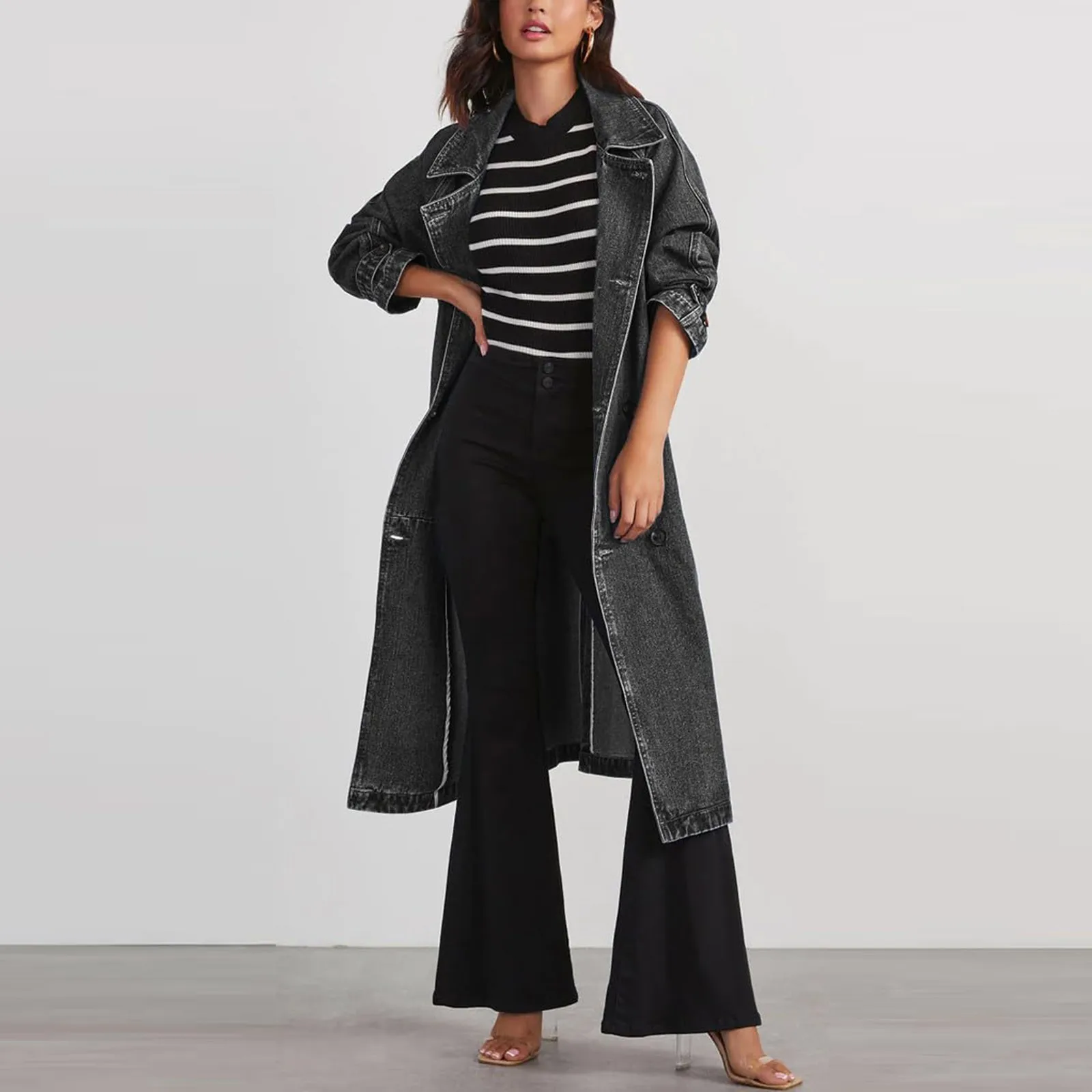 Women'S Vintage Long Jean Jacket Temperament Loose Fit Double new Breasted Denim Jacket 2025 Lapel Trench Coat With Belt Woman Clothing