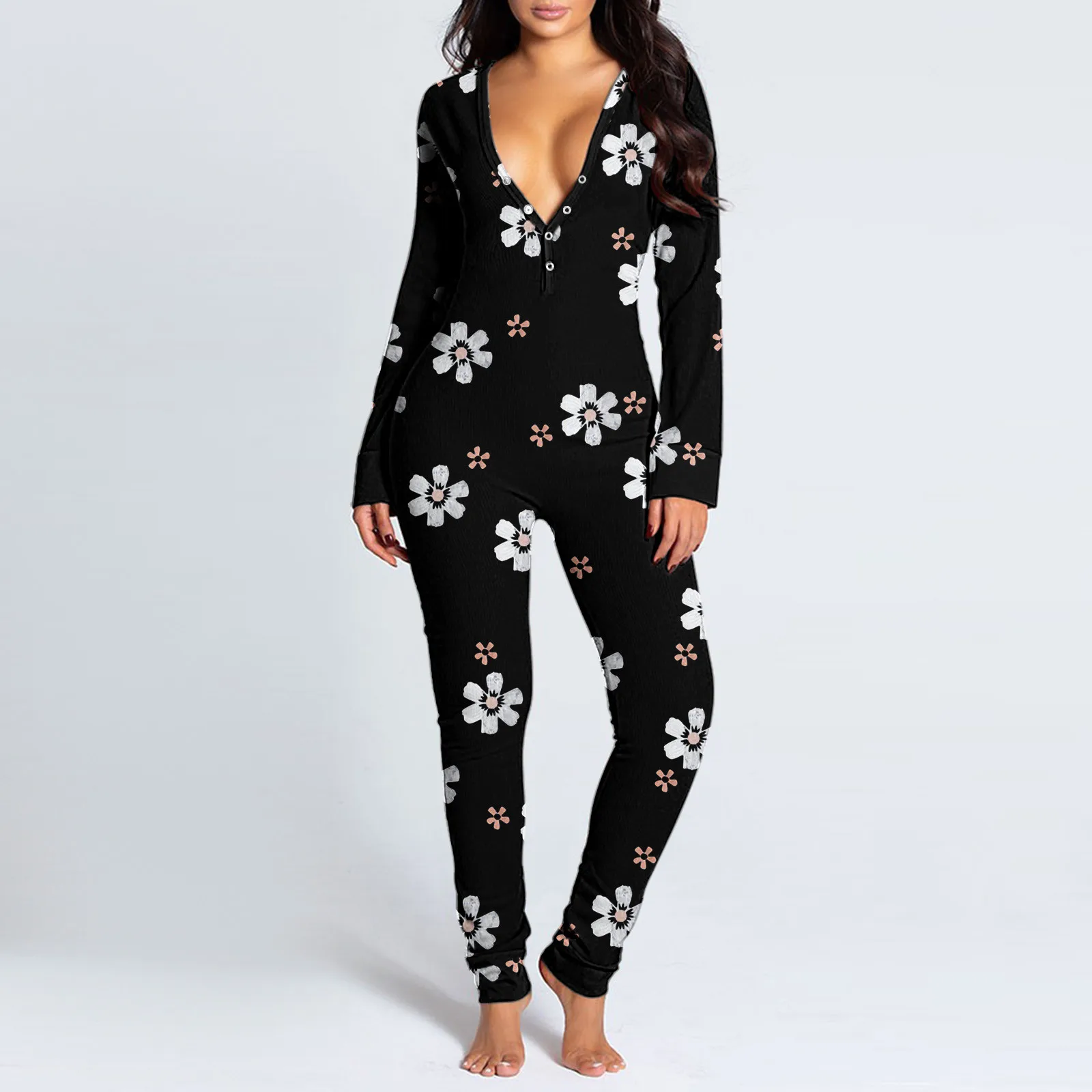 2022 pajamas Onesies Women's Button-down Print Functional Buttoned Flap Adults V-neck Jumpsuit Pyjama Femme Sleepwear