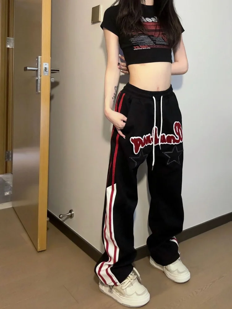 HOUZHOU Hippie Vintage Star 2025 new Baggy Pants Women Y2K Retro Streetwear Letter Embroidery Striped Sweatpants Haruku Oversize Jogger