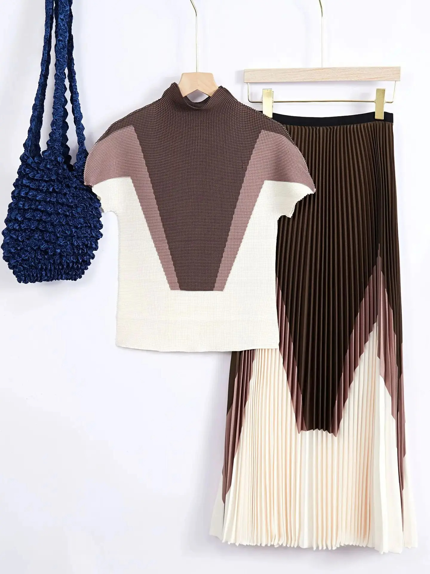 High Quality Two Piece Pants Pleated Suit Women 2024 Summer Gradient Color Printed Loose Top Women's High Waist Two-Piece Overskirt Suit