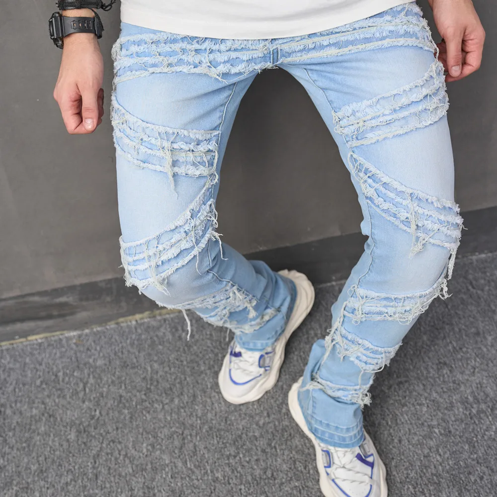 Streetwear Men Stylish Spliced new Slim Biker Jeans 2025 Pants Hip Hop Stacked Male Solid Jogging Straight Denim Trousers