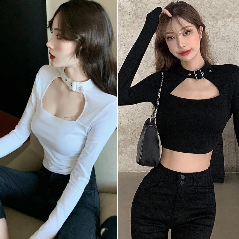 Women's Square Collar Slim Sexy Navel Exposed Long Sleeved T-shirt Tops