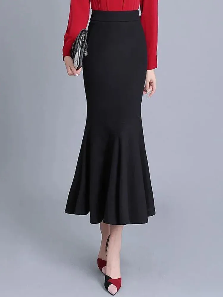 FairyShely 2024 Summer 2025 Mermaid Black Skirt For Women High new Waist Long Skirts Korean Sexy Midi Pleated Office Lady Skirt