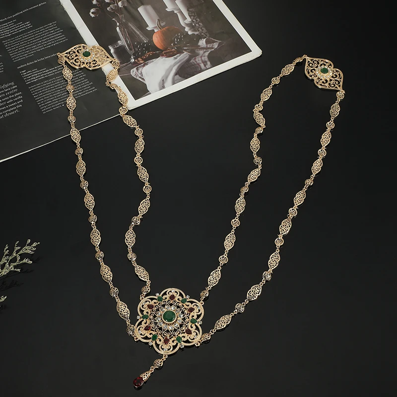 Moroccan Wedding Back Jewelry for Women Flower Design Gold Color Crystal Shoulder Chain Jewelry Kaftan Long Necklace