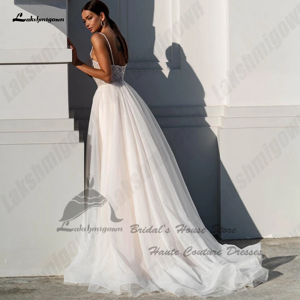 Lakshmigown Champagne Beading Beach Wedding new Dresses 2024 New Mariage V Neck Sexy A Line Bridal Gowns 2025 Spaghetti Straps