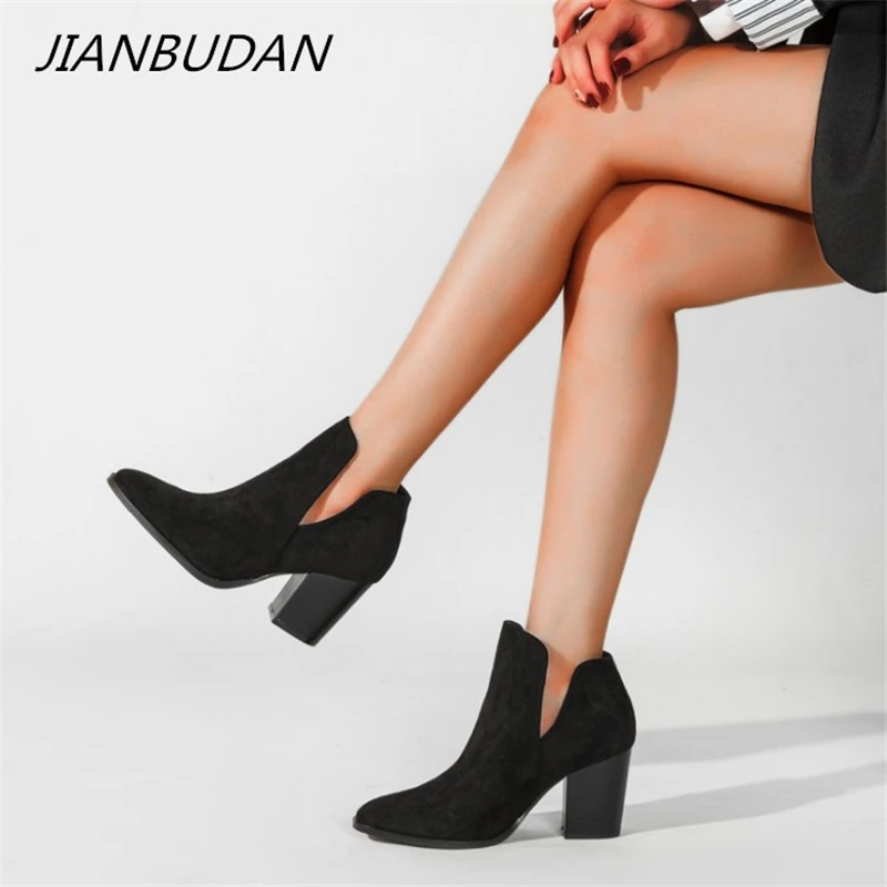 JIANBUDAN High heel Short boots New Women's Fall Round Heels Ankle boots Suede comfortable fashionable Chelsea boots 36-43 size