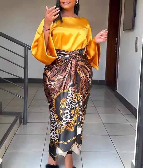 African Printed Two Piece Sets 2025 Skirt Womens O-neck Loose Flare Sleeve Lace-up Skirt 2 new Piece Suit Womens
