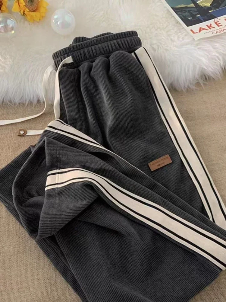 HOUZHOU Vintage Corduroy Sweatpants Baggy Women Harajuku Wide Leg Trousers Korean Streetwear Female Casual Straight Winter Pants