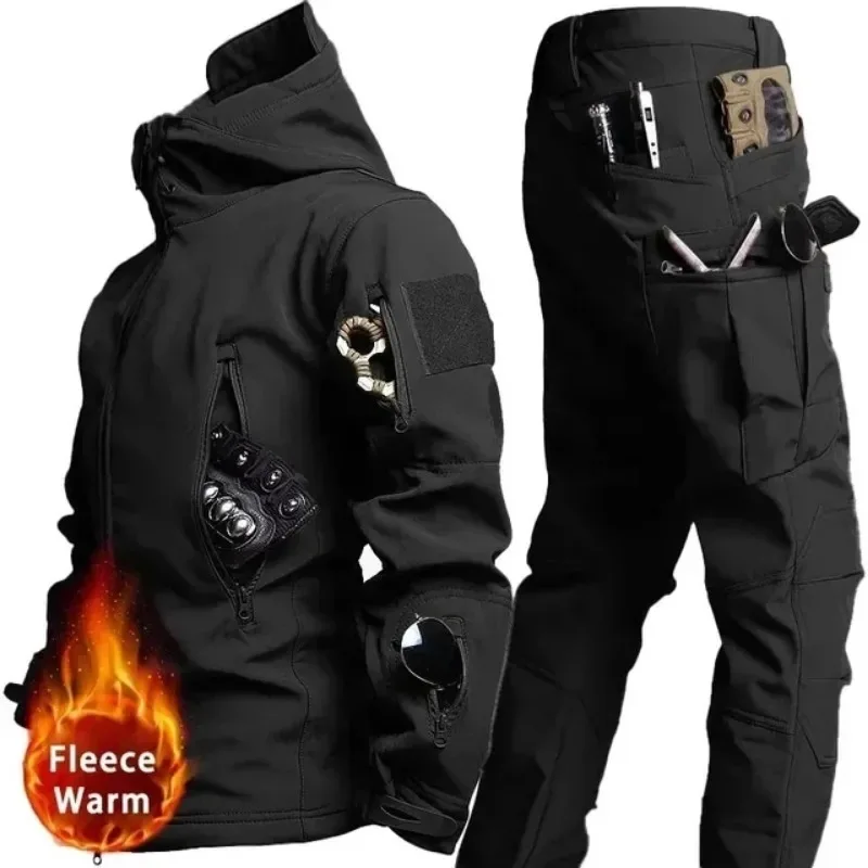 Winter Tactical Set Mens Hooded Military Outdoor Windproof Waterproof Suit Multi-Pocket Soft Shell Jackets Sharkskin Sweatpants