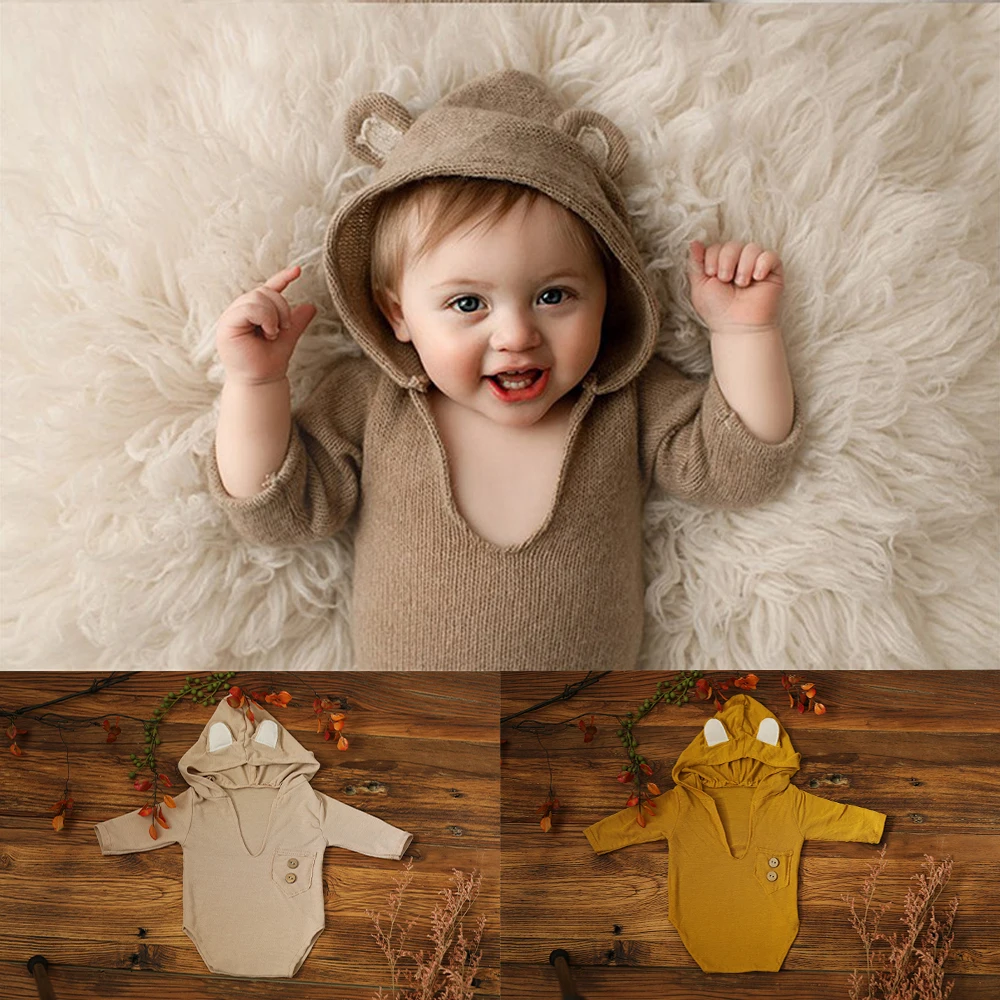 1 Set Soft Elastic Baby new hooded bodysuit Newborn Photography Props for Baby Photo Shoot Bebe 2025 Knit Sleeved Outfit Accessories