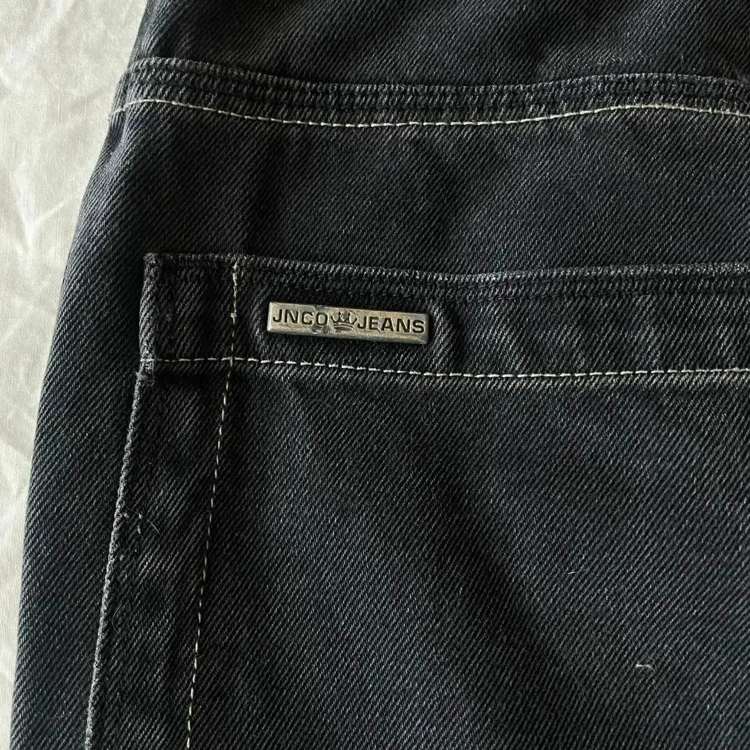 Streetwear JNCO Jeans Y2K Hip Hop Flame Skull Embroidery Retro Baggy Jeans Black Pants Punk Rock Gothic High Waist Wide Trousers