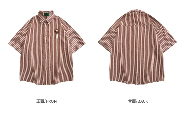 HK Style new Vintage Flower Striped Short 2025 Sleeve Shirt Men Loose Couple Casual Shirts for Summer