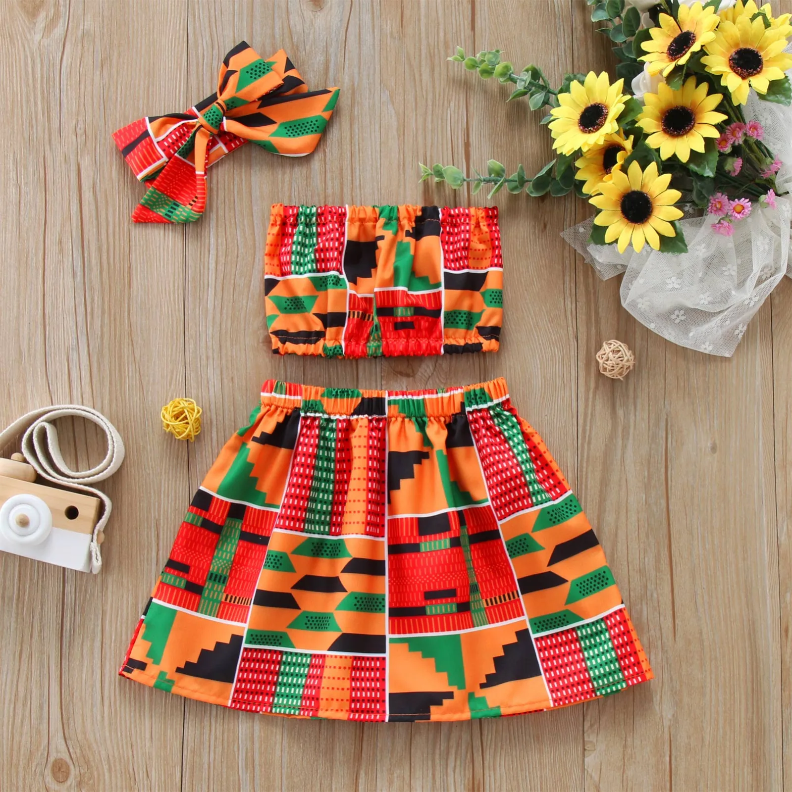 Children's Sets new Toddler Kids Baby Girls 2025 Summer Clothes African Style Vest Tops Dashiki Skirts Headband Ankara Outfits Set